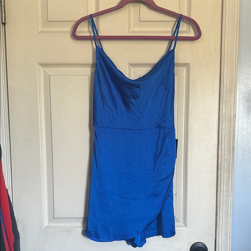 NWT Express blue satin cowl neck romper size XS